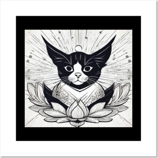 Black cat in lotus flower Posters and Art